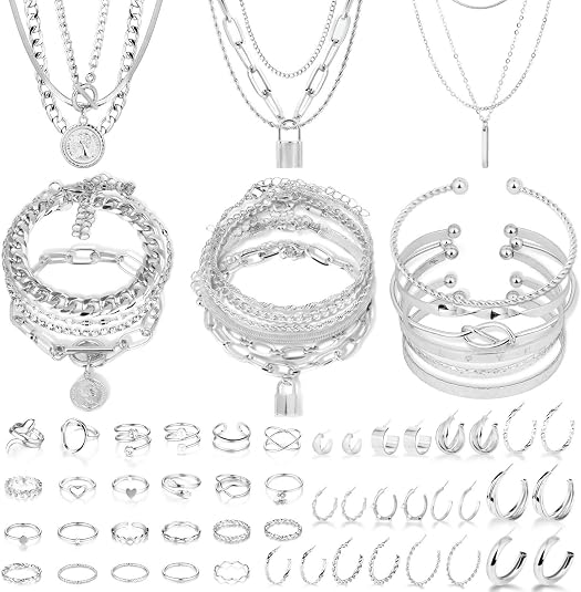 CHICUTIE Silver Jewelry Set For Women, Multi Layer Necklaces Bracelets Hoop Earrings Set Stackable Knuckle Rings, Trendy Elegance Charms